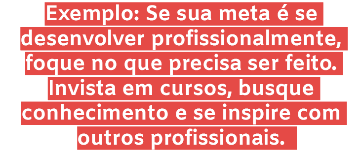 Exemplo: Se sua meta  se desenvolver profissionalmente, foque no que precisa ser feito. Invista em cursos, busque co...