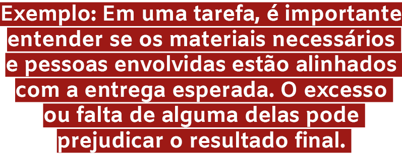 Exemplo: Em uma tarefa,  importante entender se os materiais necess rios e pessoas envolvidas est o alinhados com a ...